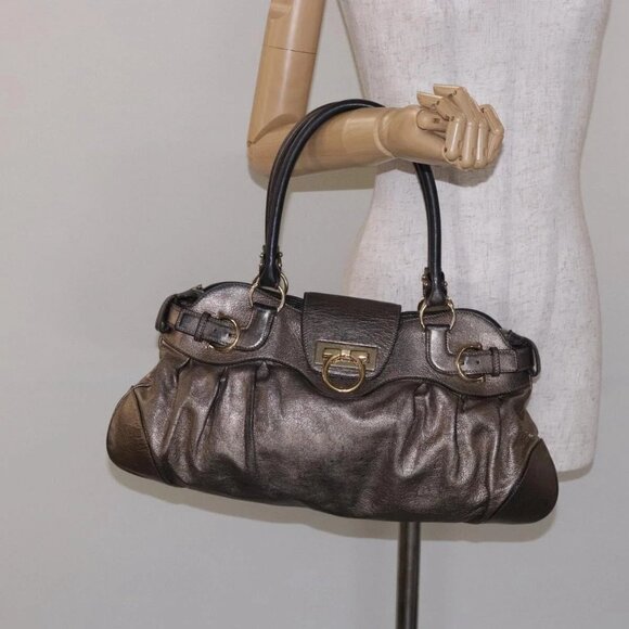 Salvatore Ferragamo Gancini Hand Bag Leather Silver Gold Auth